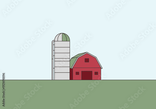 Rural Americana Scene Featuring A Red Barn And Tall Silo On A Green Meadow Under A Clear Pale Blue Sky Agriculture And Countryside Ambiance