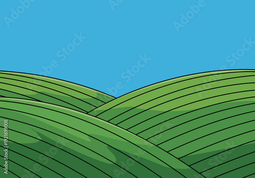 Abstract Rolling Green Hills Under Clear Blue Sky Landscape Background With Stylized Lines Representing Agriculture Or Nature