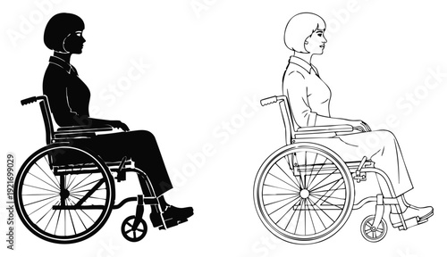 Two silhouettes of women seated in wheelchairs facing opposite directions