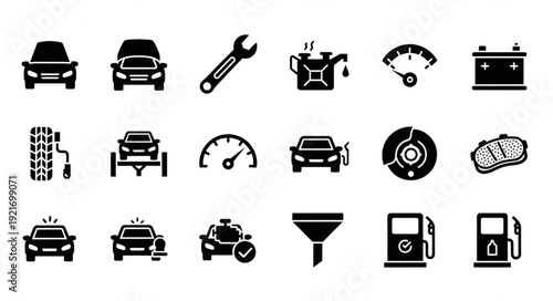 Collection of automotive service and repair icons.