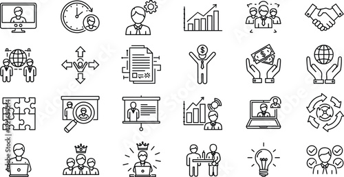 Business Management and HR Icon Set – Minimalist Vector Line Art for Corporate Leadership Professional Development and Project Teamwork UI