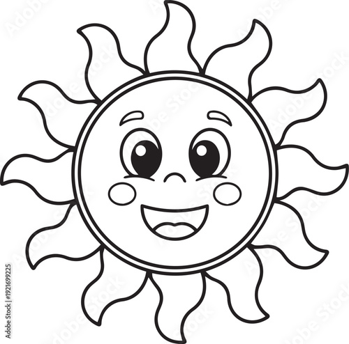 Smiling sun with wavy rays and rosy cheeks on white background