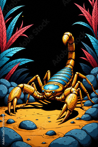 A stylized digital illustration of a large scorpion 