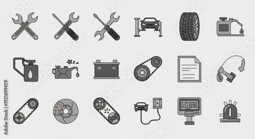 Collection of Automotive Repair and Maintenance Icons.