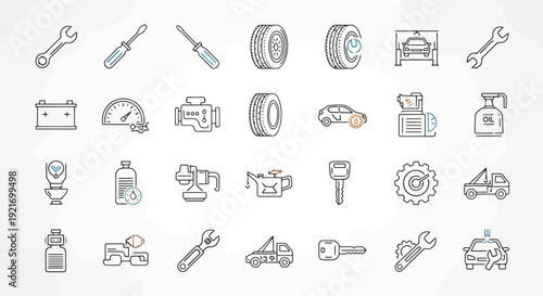 Collection of automotive repair and maintenance icons.