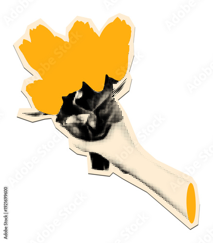Halftone hand holding bouquet of yellow tulips. Bunch of cut out spring flowers Vintage dotted sticker with doodles for mixed media design. Modern retro vector illustration for collage and scrapbook