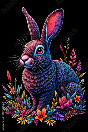 A vibrant digital illustration of a rabbit with blue and purple fur surrounded by neon flowers and leaves on a black background.