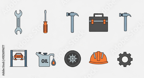 Collection of automotive repair and construction tools and equipment.
