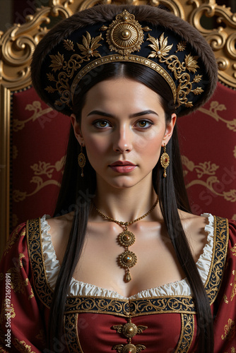 A beautiful young woman wearing an ornate fur-trimmed headdress and red velvet dress with gold embroidery, seated on a golden throne, looking directly at the viewer.