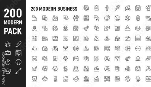 Modern business outline icon collection. Includes analytics, finance, marketing, communication, strategy, management, and office symbols. Created in thin line style with a monochrome palette.