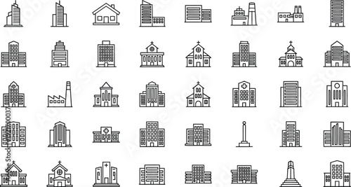 Building outline icon collection. Includes office, residential, church, hospital, factory, and skyscraper symbols. Created in thin line style with black and white palette.
