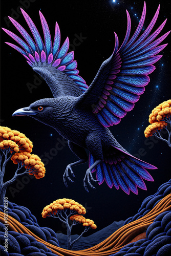 A majestic dark bird with vibrant purple and blue wings flies over a textured landscape of blue hills and yellow trees under a starry night sky.