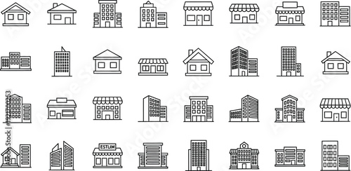 City and urban buildings outline icon collection. Includes houses, apartments, offices, shops, and various commercial structures. Created in a simple line art style with a monochrome palette.