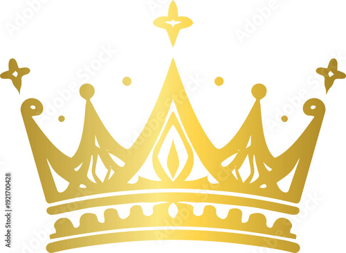 A gold crown silhouette with ornate details and small decorative sparkles on a black background, creating a bold and regal royal design.