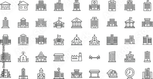 Diverse Building Icons: A collection of various building icons, suitable for architectural, urban planning, or design projects. Showcasing different types and styles of structures.