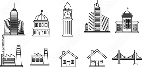 Architectural Icons: A set of intricately crafted line art icons that represent the world's most recognizable buildings and architectural structures.