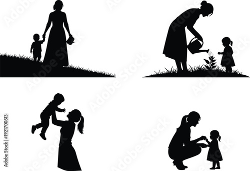 Silhouette set of mother and child moments gardening fashion handbags crown and beret icons for lifestyle parenting and elegant feminine graphic design