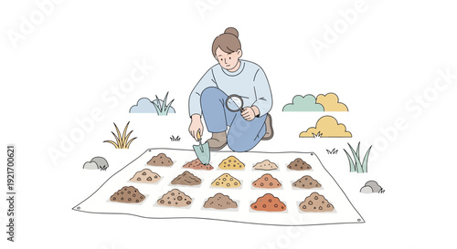 Woman Examining Soil Samples on White Sheet.
