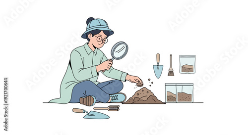 Archaeologist Examining Dirt with Magnifying Glass.