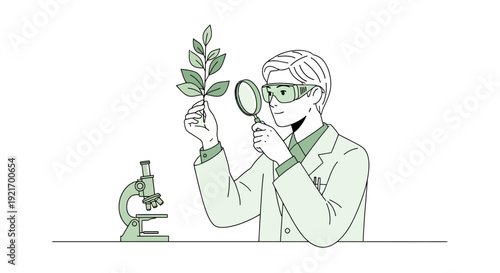 Scientist Examining Plant Specimen with Magnifying Glass.