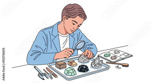 Man Examining Watch Parts with Magnifying Glass.