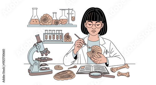 Female Scientist Examining Fossilized Bone Specimen.