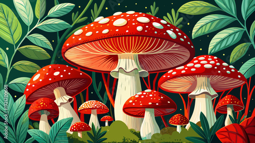 Very beautiful detailed botanical rendering of red mushrooms with white spots nestled among foliage, capturing intricate textures and classic forest storytelling elegance.