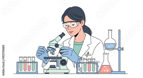 Female Scientist Examining Sample with Microscope.