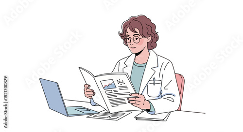 Female Scientist Reading Document and Using Laptop.