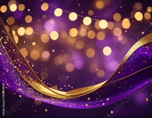 Elegant Purple and Gold Abstract Background with Bokeh Lights for Festive Celebrations and Design.