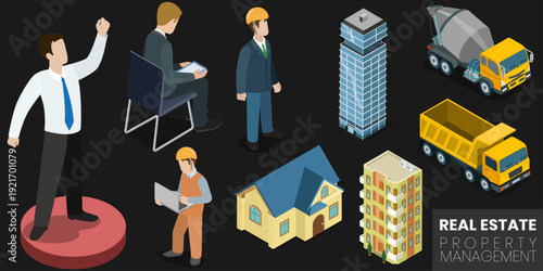 Real estate property management tools man, building, truck with home icon