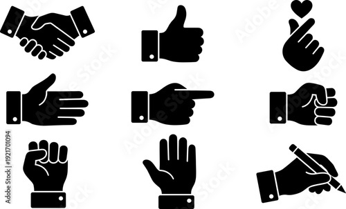 Hand gesture silhouette vector illustration set, nine black icons in formal cuffs showing handshake, thumbs-up, finger heart, pointing, fist, and writing