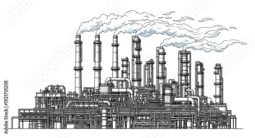 Industrial Factory with Smokestacks and Pipes.