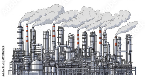 Industrial Factory with Smokestacks and Pipes.