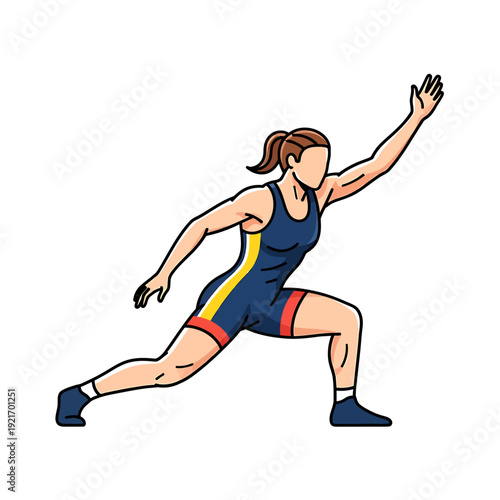 Strong female wrestler in a determined stance, exuding power in her singlet. Suitable for showcasing strength, athleticism, sports, and determination.
