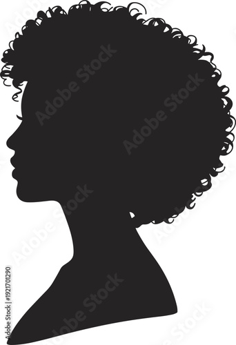 Silhouette of a person’s head in profile with voluminous curly hair, symbolizing natural beauty, cultural identity, personal expression, and artistic design for stock illustration concepts.