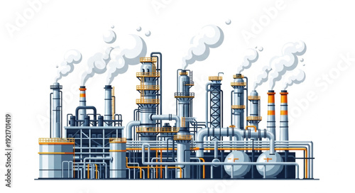 Industrial Factory with Smokestacks and Pipes.