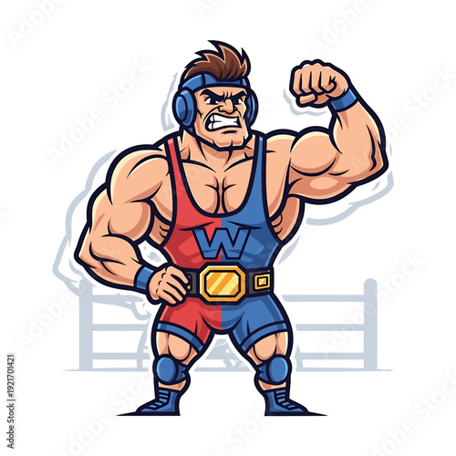 Muscular wrestler cartoon character flexing arm symbolizes strength suitable for sports, fitness, and motivational designs needing a powerful figure.