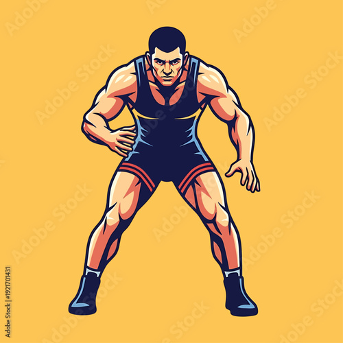 Illustrated muscular wrestler in black singlet and boots shows power. Ideal for sports promotions, posters, graphic design projects.