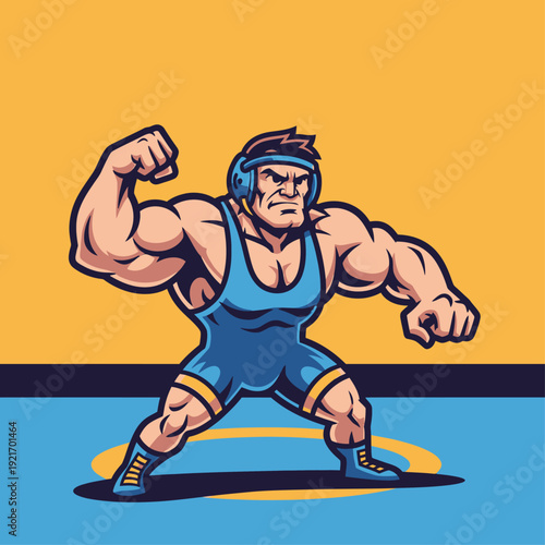 Muscular wrestler in blue singlet looking fierce. Suitable for sports, wrestling, competition, strength, dominance concepts in design projects.