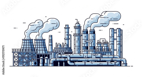 Industrial Factory with Smokestacks and Pipes.