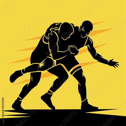 Wrestler silhouette graphic of intense grappling combat perfect for sports event promotions, posters, or wrestlingthemed designs needing dynamic action.