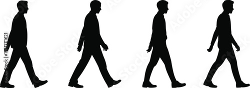 Silhouettes of a person walking in sequential motion stages, showing progression of steps, symbolizing human locomotion, biomechanics, animation, and movement study for creative stock concepts.