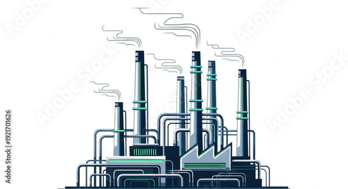 Industrial Factory with Smokestacks and Pipes.