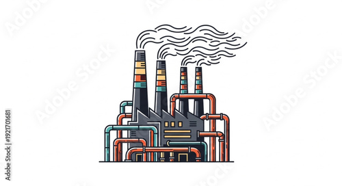 Industrial Factory with Smokestacks and Pipes.