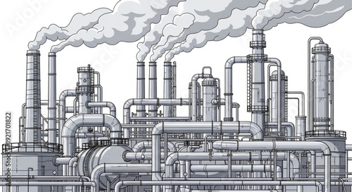 Industrial Factory with Smokestacks and Pipes.