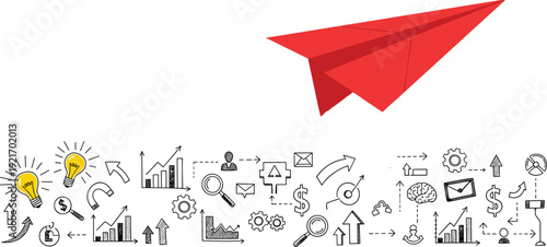 Red, paper, airplane, soaring, above, hand, drawn, business, icons, representing, startup, launch, innovation, strategy, growth, vision, creative, ideas, success, planning,