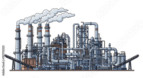 Industrial Factory with Smokestacks and Pipelines.