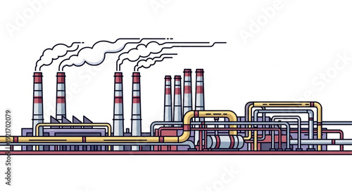 Industrial Factory with Smokestacks and Pipelines.