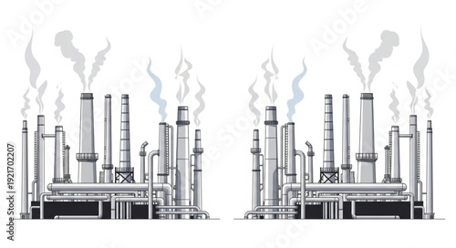 Industrial Factory with Smokestacks and Pipes.